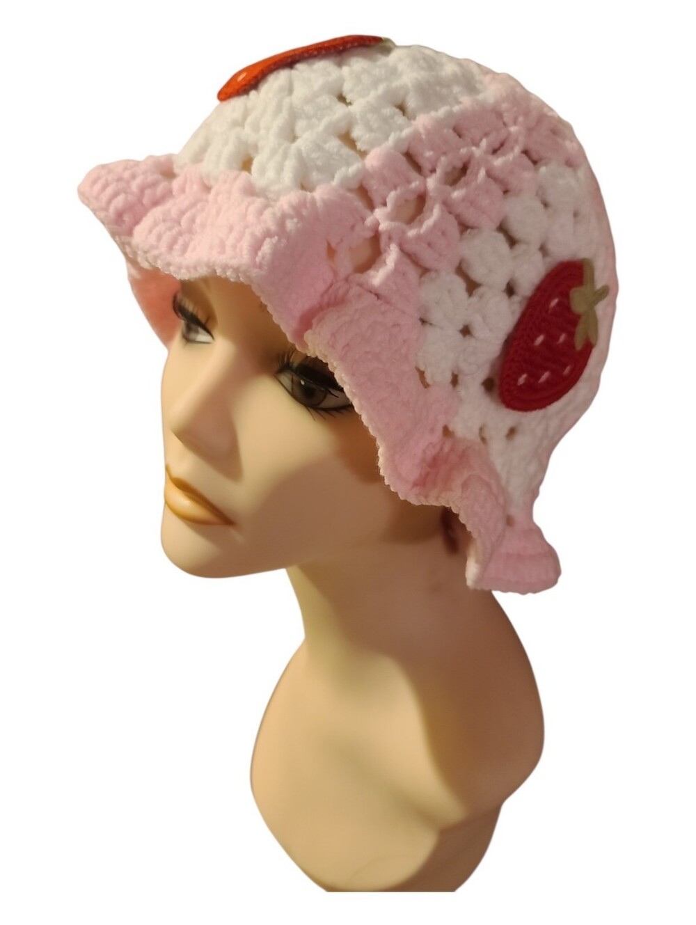 Coquette Pastel Pink Crochet Strawberry Shortcake Ruffle Bucket Hat  OSFM